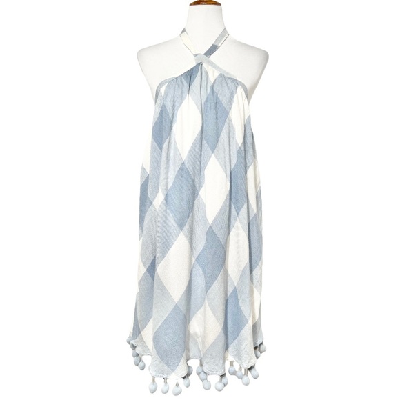Tularosa Revolve Blue Checkered Plaid Pom Pom Halter Tie Neck Backless Dress - Picture 2 of 14
